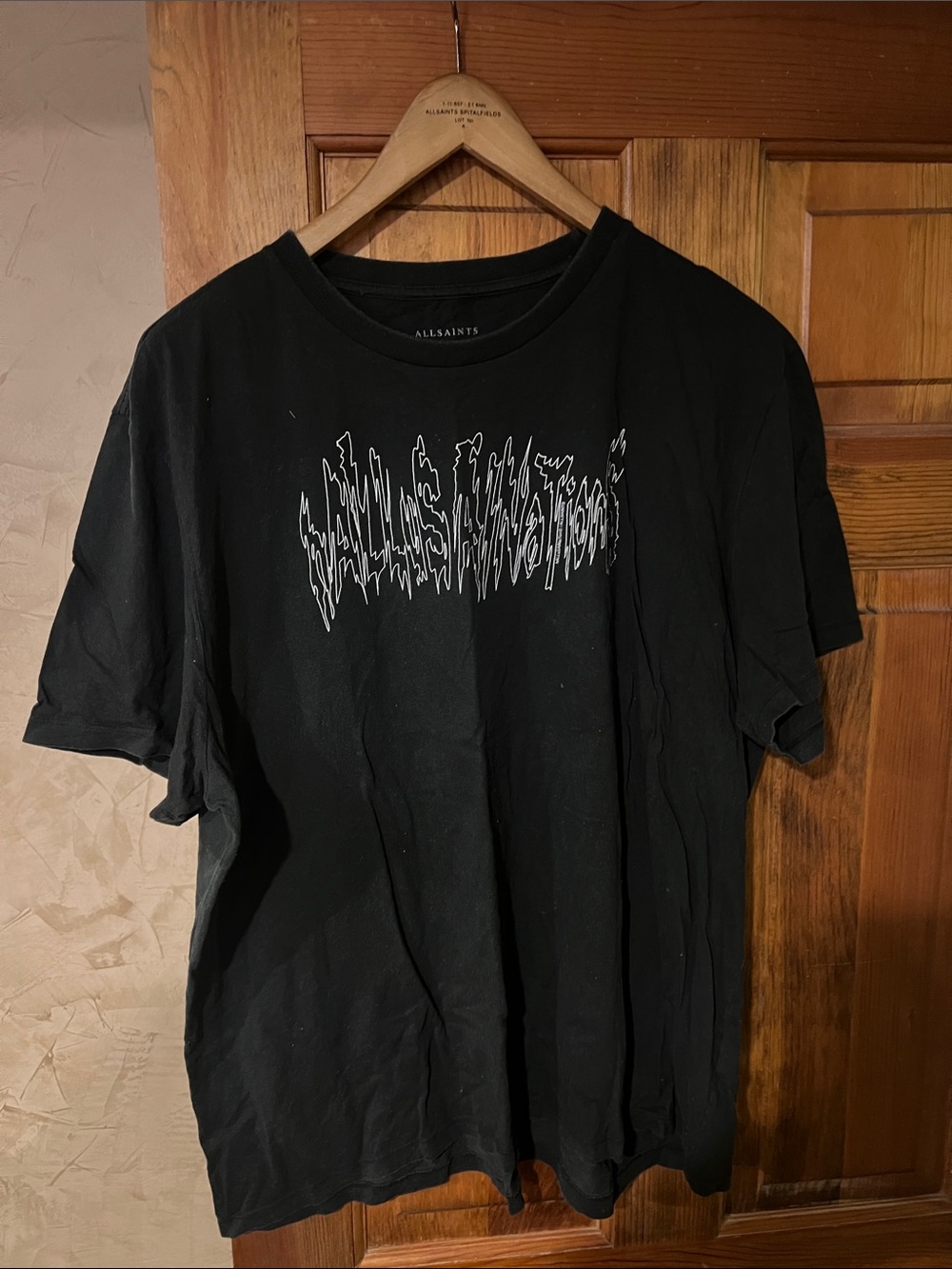 All Saints Black Tee with White Distressed Script Logo